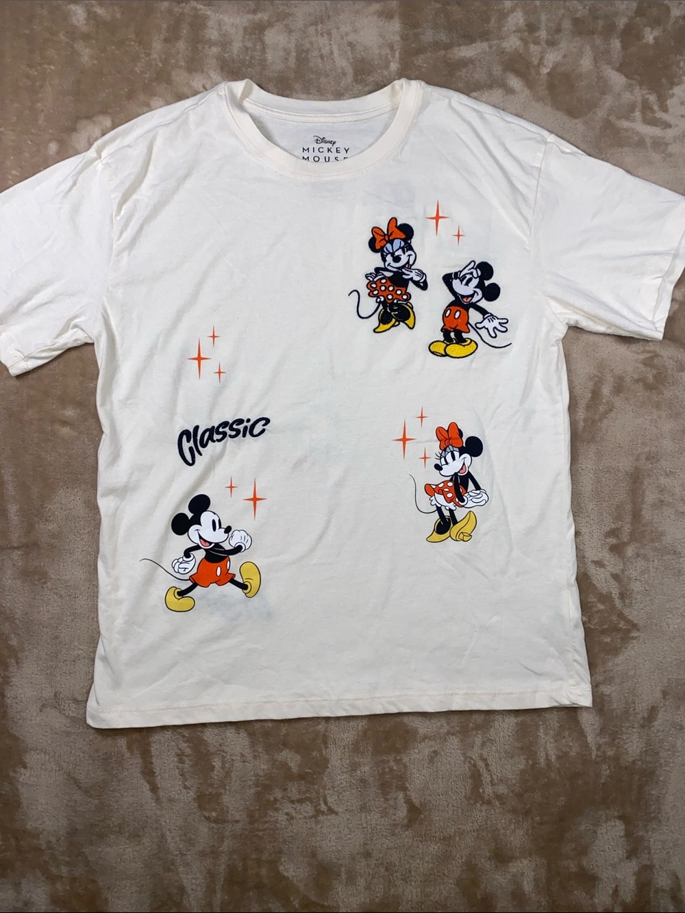 Disney White Tee with Embroidered Mickey & Minnie Color Pop